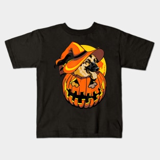 Funny German Shepherd Witch Hat Pumpkin Halloween Kids T-Shirt